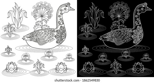 Art therapy coloring page. Coloring Book for children and adults. Colouring pictures with goose. Antistress freehand sketch drawing with doodle and zentangle elements.