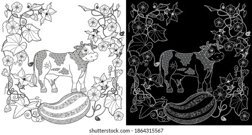 Art therapy coloring page. Coloring Book for children and adults. Colouring pictures with cow. Antistress freehand sketch drawing with doodle and zentangle elements.