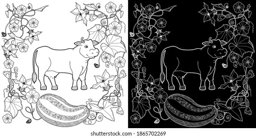 Art therapy coloring page. Coloring Book for children and adults. Colouring pictures with cow. Antistress freehand sketch drawing with doodle and zentangle elements.