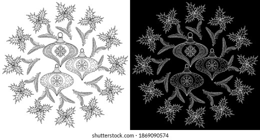 Art therapy coloring page. Coloring Book for adults and children. Christmas Tree Ornament. Art therapy coloring page. Antistress freehand sketch drawing with doodle and zentangle elements.