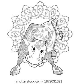 Art therapy coloring page. Coloring Book for children and adults. Colouring pictures with bull. Happy new year 2021. Year of the bull.