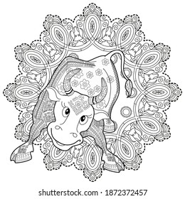 Art therapy coloring page. Coloring Book for children and adults. Colouring pictures with bull. Happy new year 2021. Year of the bull.