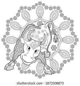 Art therapy coloring page. Coloring Book for children and adults. Colouring pictures with bull. Happy new year 2021. Year of the bull.