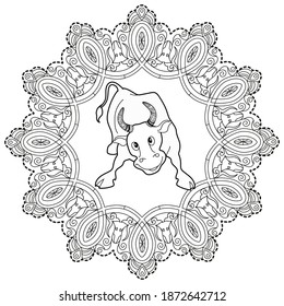 Art therapy coloring page. Coloring Book for children and adults. Colouring pictures with bull. Happy new year 2021. Year of the bull.