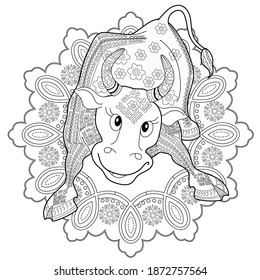 Art therapy coloring page. Coloring Book for children and adults. Colouring pictures with bull. Happy new year 2021. Year of the bull.