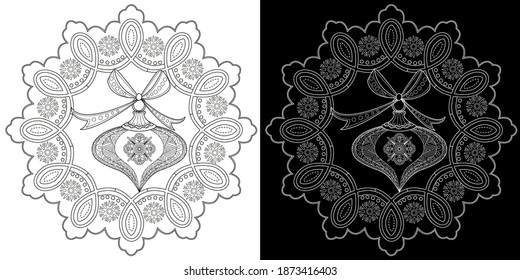 Art therapy coloring page. Coloring Book for adults and children. Outline Mandala and Christmas Tree Ornament for coloring book. Decorative round ornament. Anti-stress therapy pattern. Weave design el