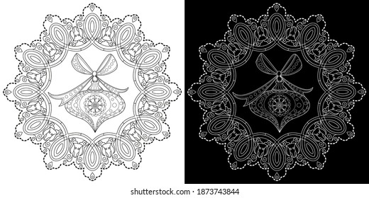 Art therapy coloring page. Coloring Book for adults and children. Outline Mandala and Christmas Tree Ornament for coloring book. Decorative round ornament. Anti-stress therapy pattern. Weave design el