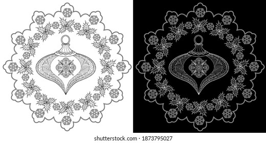 Art therapy coloring page. Coloring Book for adults and children. Outline Mandala and Christmas Tree Ornament for coloring book. Decorative round ornament. Anti-stress therapy pattern. Weave design el