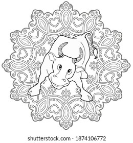 Art therapy coloring page. Coloring Book for children and adults. Colouring pictures with bull. Happy new year 2021. Year of the bull.