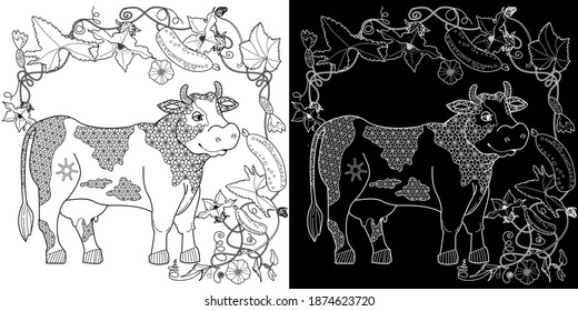 Art therapy coloring page. Coloring Book for children and adults. Colouring pictures with cow. Antistress freehand sketch drawing with doodle and zentangle elements.