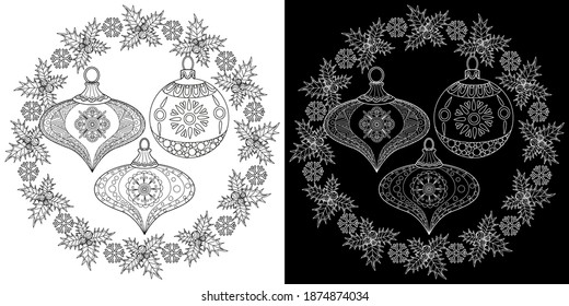 Art therapy coloring page. Coloring Book for adults and children. Outline Mandala and Christmas Tree Ornament for coloring book. Decorative round ornament. Anti-stress therapy pattern. Weave design el