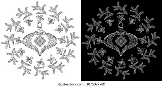Art therapy coloring page. Coloring Book for adults and children. Outline Mandala and Christmas Tree Ornament for coloring book. Decorative round ornament. Anti-stress therapy pattern. Weave design el