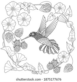 Art therapy coloring page. Coloring Book for adults and children. Cute wreath with flowers and birds, vector illustration in vintage style. Antistress freehand sketch drawing with doodle and zentangle