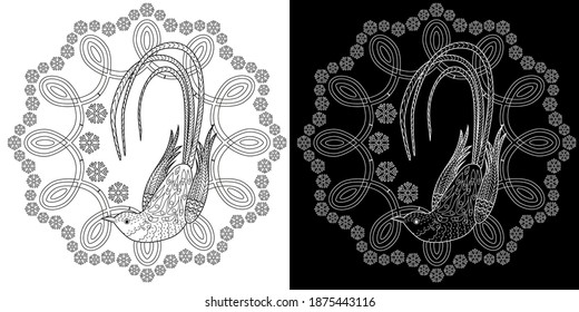 Art therapy coloring page. Coloring Book for adults and children. Outline Mandala and Christmas Tree Ornament for coloring book. Decorative round ornament. Anti-stress therapy pattern. Weave design el