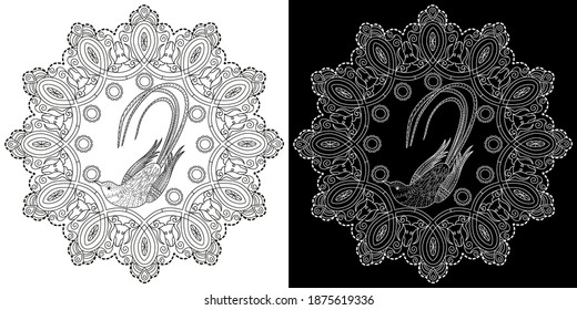 Art therapy coloring page. Coloring Book for adults and children. Outline Mandala and Christmas Tree Ornament for coloring book. Decorative round ornament. Anti-stress therapy pattern. Weave design el