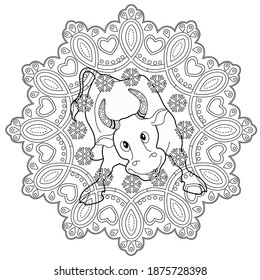 Art therapy coloring page. Coloring Book for children and adults. Colouring pictures with bull. Happy new year 2021. Year of the bull.