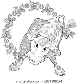 Art therapy coloring page. Coloring Book for children and adults. Colouring pictures with bull. Happy new year 2021. Year of the bull.