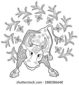 Art therapy coloring page. Coloring Book for children and adults. Colouring pictures with bull. Happy new year 2021. Year of the bull.