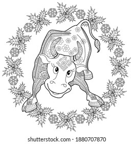 Art therapy coloring page. Coloring Book for children and adults. Colouring pictures with bull. Happy new year 2021. Year of the bull.