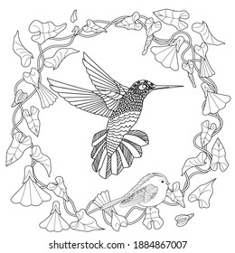 Art therapy coloring page. Coloring Book for adults and children. Cute wreath with flowers and birds, vector illustration in vintage style. Antistress freehand sketch drawing with doodle and zentangle
