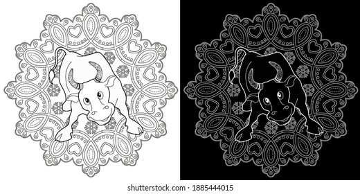 Art therapy coloring page. Coloring Book for children and adults. Colouring pictures with bull. Happy new year 2021. Year of the bull