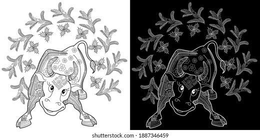 Art therapy coloring page. Coloring Book for children and adults. Colouring pictures with bull. Happy new year 2021. Year of the bull