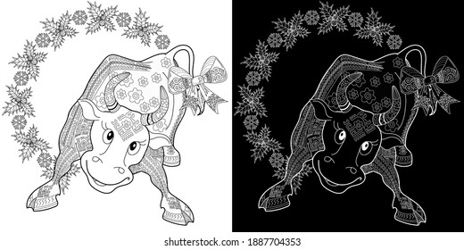 Art therapy coloring page. Coloring Book for children and adults. Colouring pictures with bull. Happy new year 2021. Year of the bull