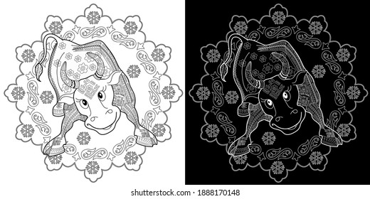 Art therapy coloring page. Coloring Book for children and adults. Colouring pictures with bull. Happy new year 2021. Year of the bull