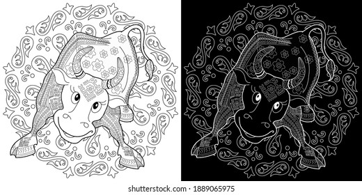 Art therapy coloring page. Coloring Book for children and adults. Colouring pictures with bull. Happy new year 2021. Year of the bull