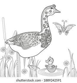 Art therapy coloring page. Coloring Book for children and adults. Colouring pictures with goose. Antistress freehand sketch drawing with doodle and zentangle elements.