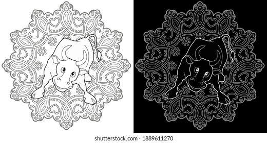 Art therapy coloring page. Coloring Book for children and adults. Colouring pictures with bull. Happy new year 2021. Year of the bull