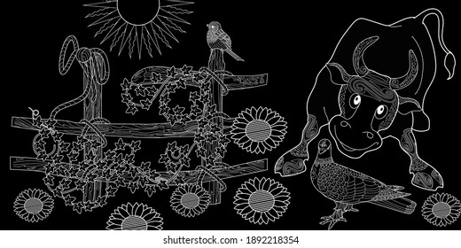 Art therapy coloring page. Coloring Book for children and adults. Colouring pictures with bull and fence. The art of linear engraving. Romantic concept.