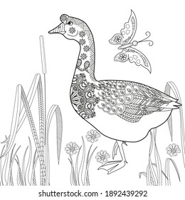 Art therapy coloring page. Coloring Book for children and adults. Colouring pictures with goose. Antistress freehand sketch drawing with doodle and zentangle elements.