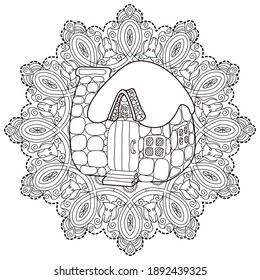 Art therapy coloring page. Coloring Book for adults and children. Outline Mandala and Sweet Home for coloring book. Decorative round ornament. Anti-stress therapy pattern. Weave design element.