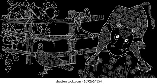 Art therapy coloring page. Coloring Book for children and adults. Colouring pictures with bull and fence. The art of linear engraving. Romantic concept.