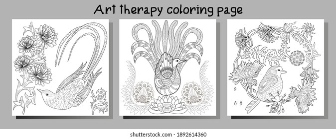 Art therapy coloring page. Coloring Book for adults. Colouring pictures with flowers and birds. Antistress freehand sketch drawing with doodle and zentangle elements.