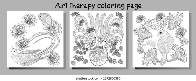Art therapy coloring page. Coloring Book for adults. Colouring pictures with flowers and birds. Antistress freehand sketch drawing with doodle and zentangle elements.