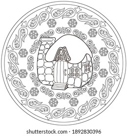 Art therapy coloring page. Coloring Book for adults and children. Outline Mandala and Sweet Home for coloring book. Decorative round ornament. Anti-stress therapy pattern. Weave design element.