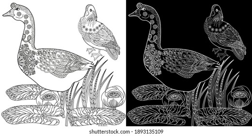 Art therapy coloring page. Coloring Book for children and adults. Colouring pictures with goose. Antistress freehand sketch drawing with doodle and zentangle elements.