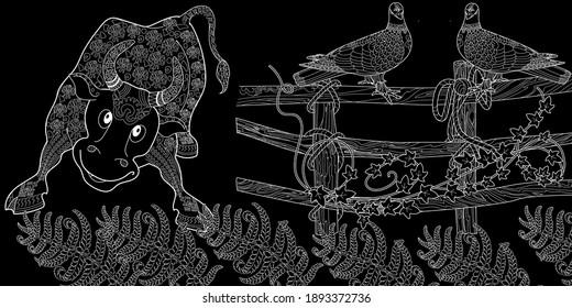 Art therapy coloring page. Coloring Book for children and adults. Colouring pictures with bull and fence. The art of linear engraving. Romantic concept.
