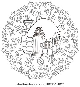 Art therapy coloring page. Coloring Book for adults and children. Outline Mandala and Sweet Home for coloring book. Decorative round ornament. Anti-stress therapy pattern. Weave design element.