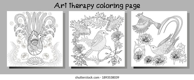 Art therapy coloring page. Coloring Book for adults. Colouring pictures with flowers and birds. Antistress freehand sketch drawing with doodle and zentangle elements.