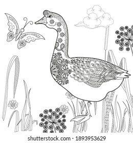 Art therapy coloring page. Coloring Book for children and adults. Colouring pictures with goose. Antistress freehand sketch drawing with doodle and zentangle elements.