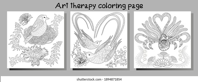 Art therapy coloring page. Coloring Book for adults. Colouring pictures with flowers and birds. Antistress freehand sketch drawing with doodle and zentangle elements.