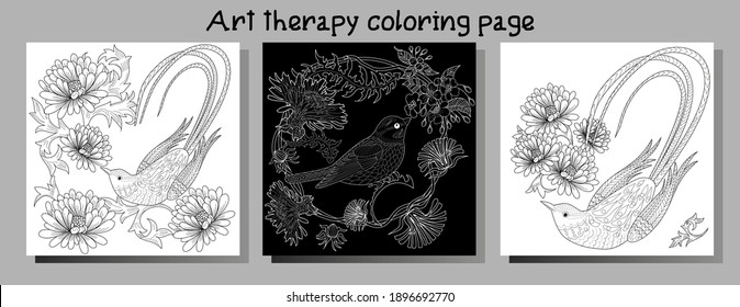 Art therapy coloring page. Coloring Book for adults. Colouring pictures with flowers and birds. Antistress freehand sketch drawing with doodle and zentangle elements.
