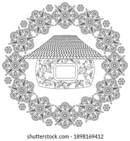 Art therapy coloring page. Coloring Book for adults and children. Outline Mandala and Sweet Home for coloring book. Decorative round ornament. Anti-stress therapy pattern. Weave design element.