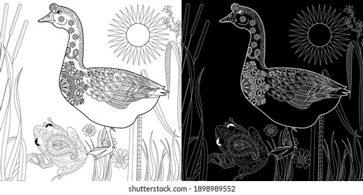 Art therapy coloring page. Coloring Book for children and adults. Colouring pictures with goose. Antistress freehand sketch drawing with doodle and zentangle elements.