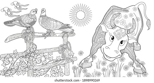 Art therapy coloring page. Coloring Book for children and adults. Colouring pictures with bull and fence. The art of linear engraving. Romantic concept.