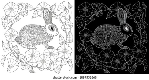 Art therapy coloring page. Coloring Book for adults and children. Colouring pictures with rabbit. Antistress freehand sketch drawing with doodle and zentangle element