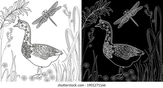 Art therapy coloring page. Coloring Book for children and adults. Colouring pictures with goose. Antistress freehand sketch drawing with doodle and zentangle elements.